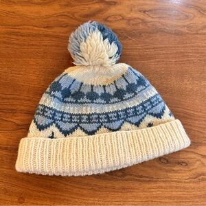 Gunn Reiss Handmade Norwegian Wool Beanie – Blue & Cream Fair Isle Pom Hat